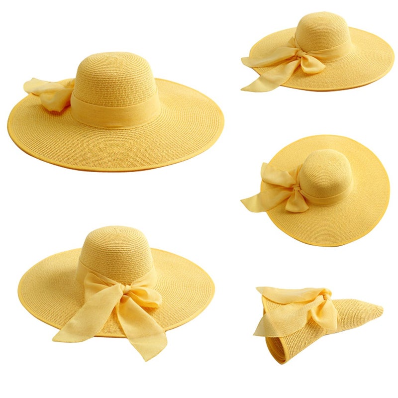 Lanzom Womens Big Bowknot Straw Hat Floppy Foldable Roll up Beach Cap Sun Hat UPF 50+ (Yellow, One Size) - Image 2